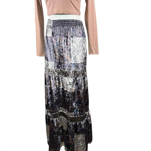 Velvet Patchwork Maxi Skirt | Boho Gypsy Vintage Style Tiered Long Skirt | Small - Picture 3 of 13